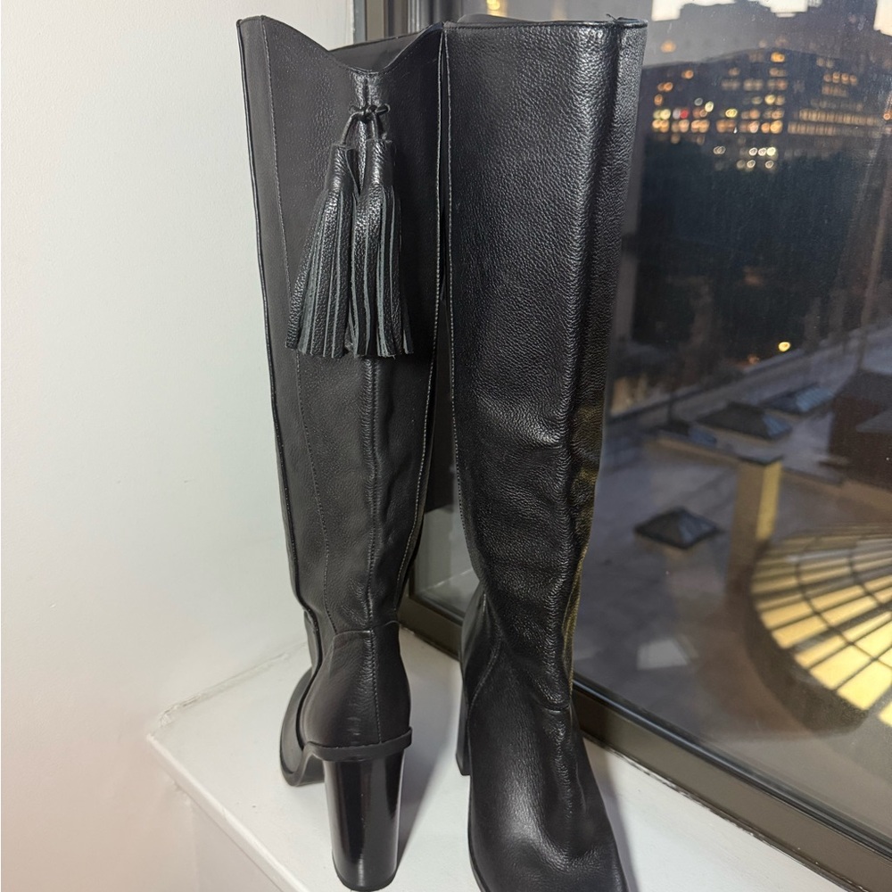 Zara Black Leather Tall Boots with Tassel Detail – Worn Once